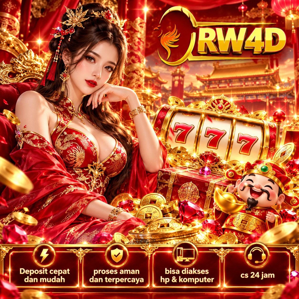 Ilustrasi banner RW4D dengan dekorasi merah dan emas bertema hiburan game digital